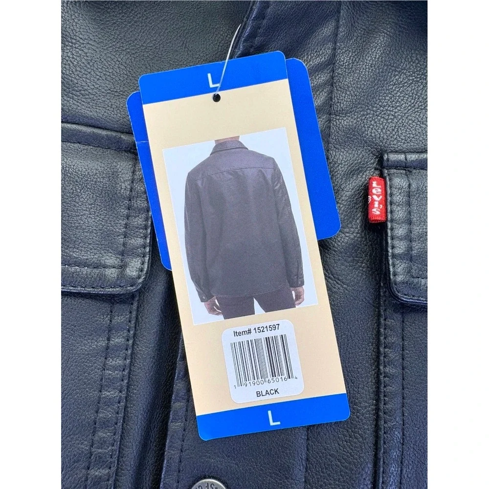 Levis Mens Faux Leather Sherpa Lined Trucker Jacket Black L Biker Streetwear